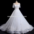 Short sleeve White wedding dress with Appliqued Flowers